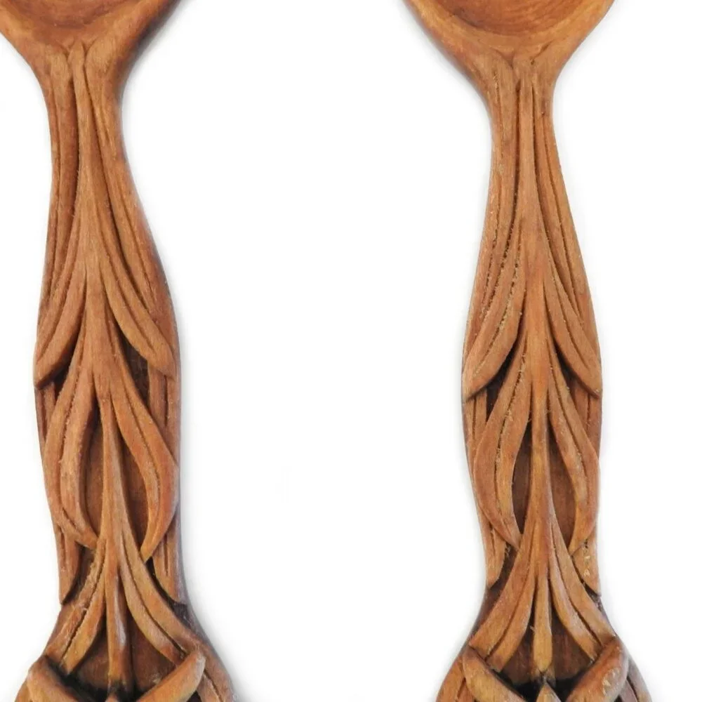 Vintage Hand-carved Wooden Salad Set Spoon Fork Welsh Floral Design